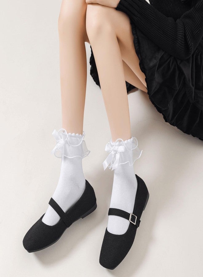 AMHRLINGTO Lace Ruffle Frilly Socks for Women, Comfortable Cotton Cute Lace Ankle Socks with Bow (US, Numeric, 5, 9, Regular, Regular, White-1 Pairs) - Image 4